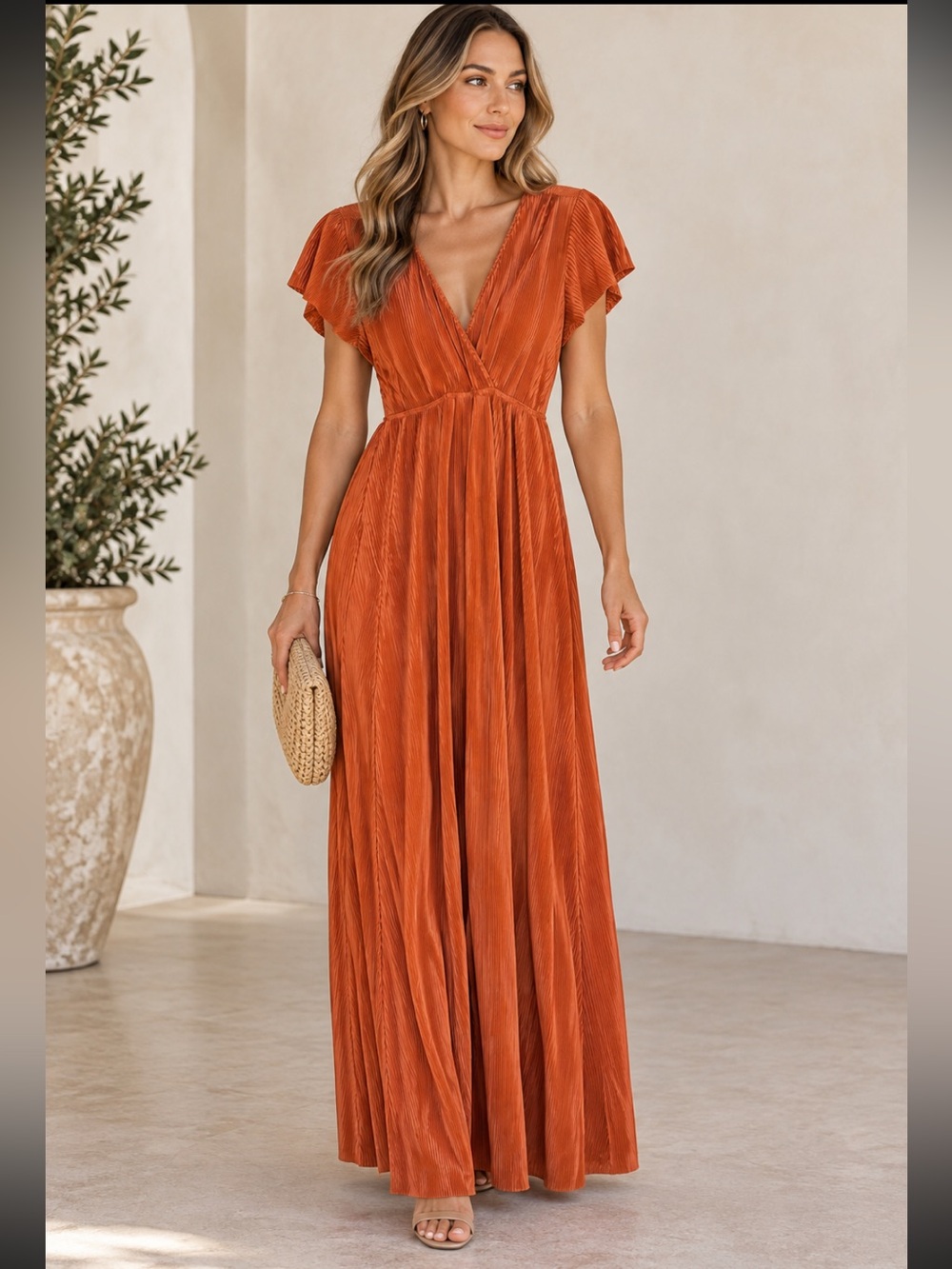 Baltic Born Burnt Orange Athena Pleated Maxi Dress NWT Size M